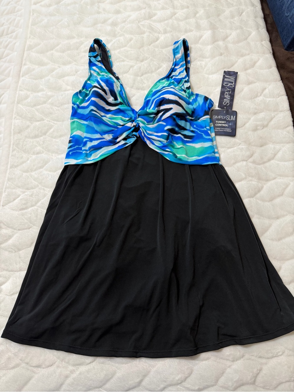NEW! Simply Slim Twist-Front Swimdress in Blue & Black Tummy Control size 1X